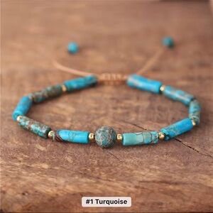 Turquoise Stone & Gold Tone Beaded Bracelet with Central Focal Bead, Adjustable